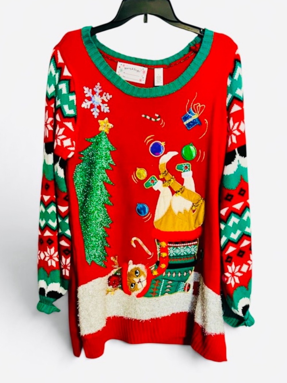Merry & Bright Ugly Christmas Sweater Red Embellished Mischief Cat Size Large